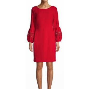 Karl Lagerfeld Paris Red Crepe Lace Lantern Sleeves Shift Dress Size 6